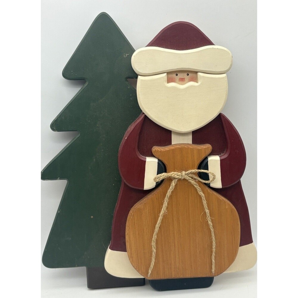 Vintage Wooden Santa with Gift Sack & Tree Folk Art Christmas Decoration 15”x12”